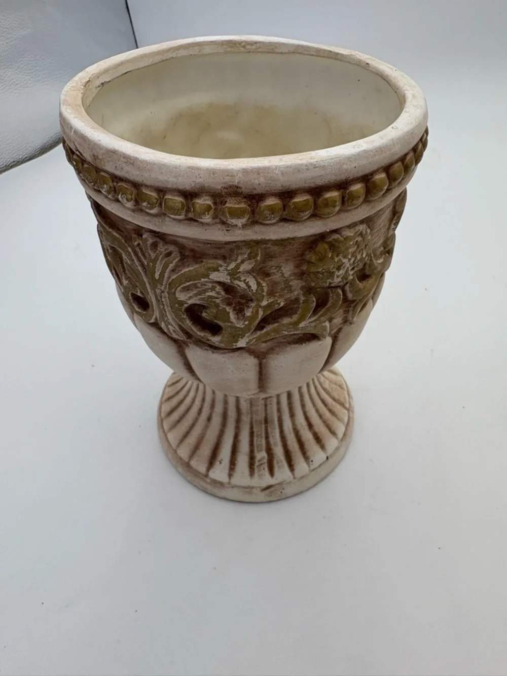 Vintage Grecian Style Cream and Golden Brown Ceramic Pedestal Vase or Planter